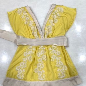BEBE Hand Stitched Yellow Top with Silk trim